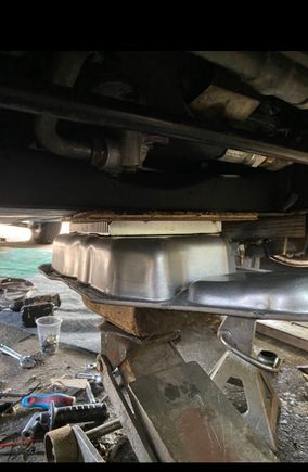 I jacked the pan and heat sink under the subframe while the epoxy cured to ensure there was good contact between them. 