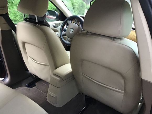 Leather pockets at back of front seats for storage.