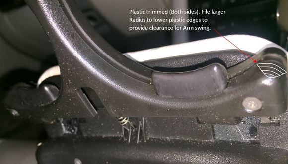 To give the Arms free swing action, a clearance radius needs to filed on the lower plastic edges as shown.