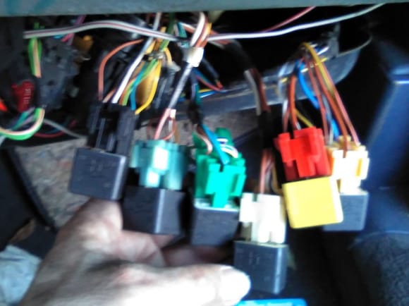 All six relays from under the passenger's side of the dash. Socket colors are black blue, green, white, red, and yellow.