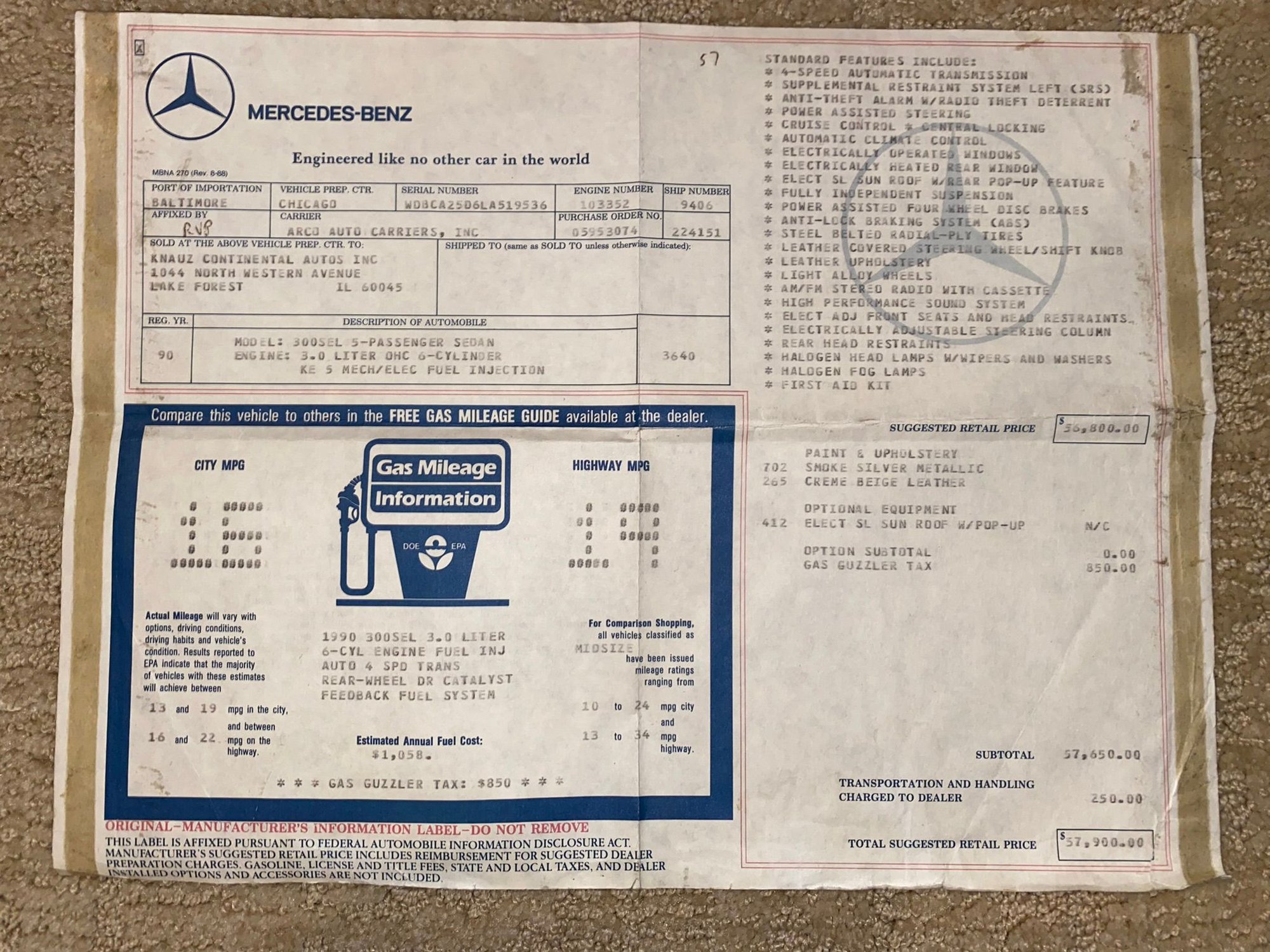 1990 Mercedes-Benz 300SEL - 1990 Mercedes-Benz 300SEL - Used - VIN WDBCA25D6LA519536 - 123,700 Miles - 6 cyl - 2WD - Automatic - Sedan - Silver - Seattle, WA 98199, United States
