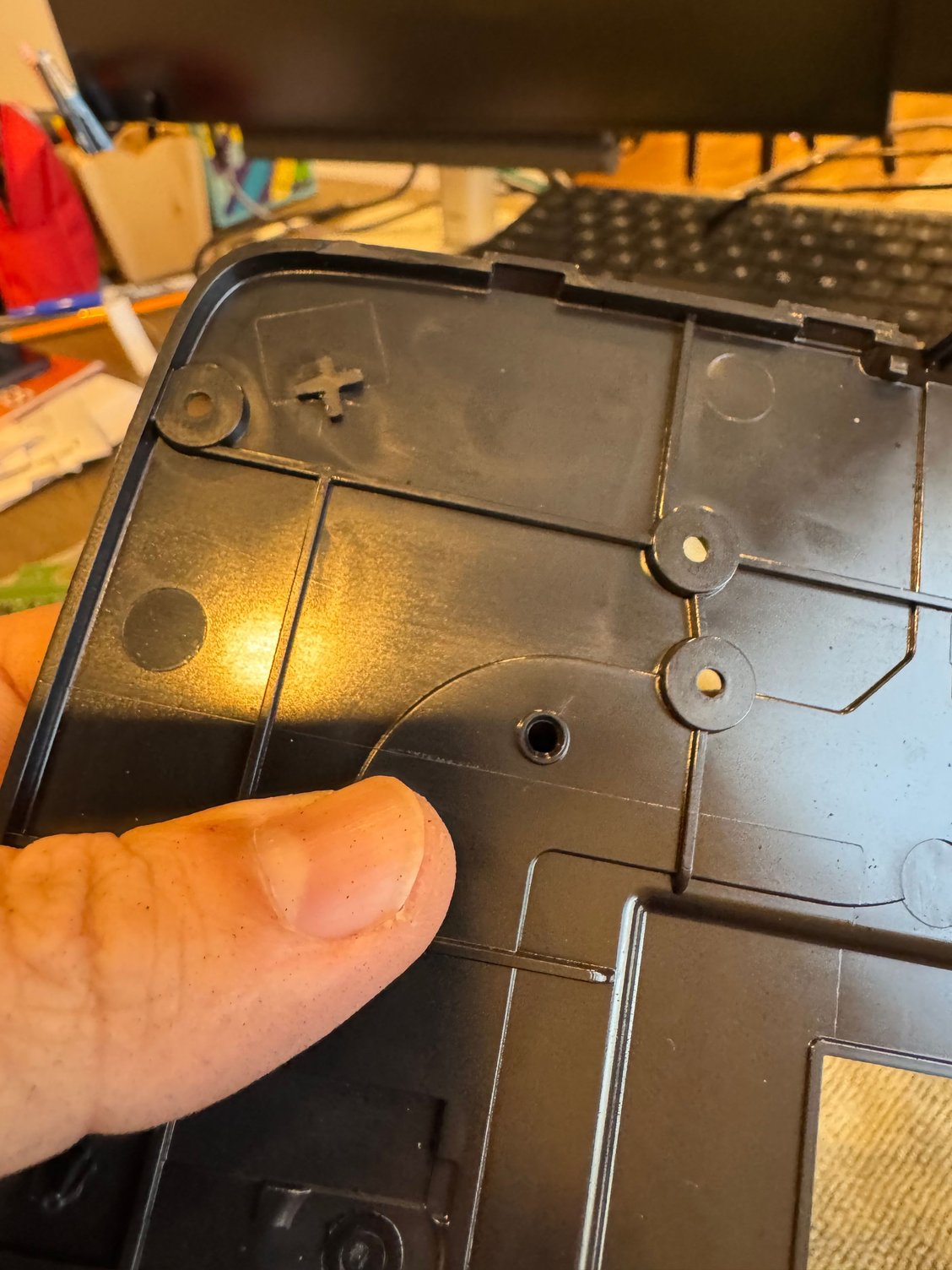 Need to dremel this peg down.  And drill a small hole in the back to let the wiring out.