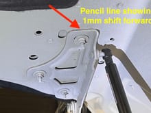 Hood shifted forward 1mm on driver side hinge bracket. 