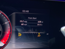68 ave MPH over 628 miles in 9hours. 15MPG!