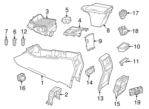 Exploded drawing of center console assembly.