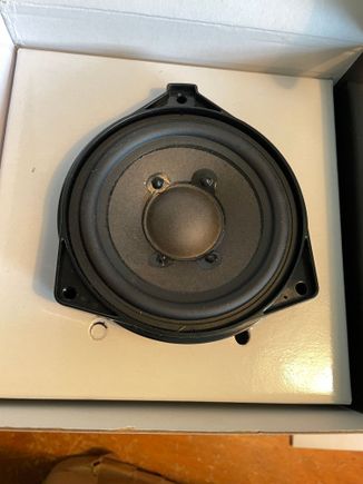 The factory center channel speaker resting on the cutouts for the Focal intended center channel speaker.  Notice how the bottom two holes do not align.