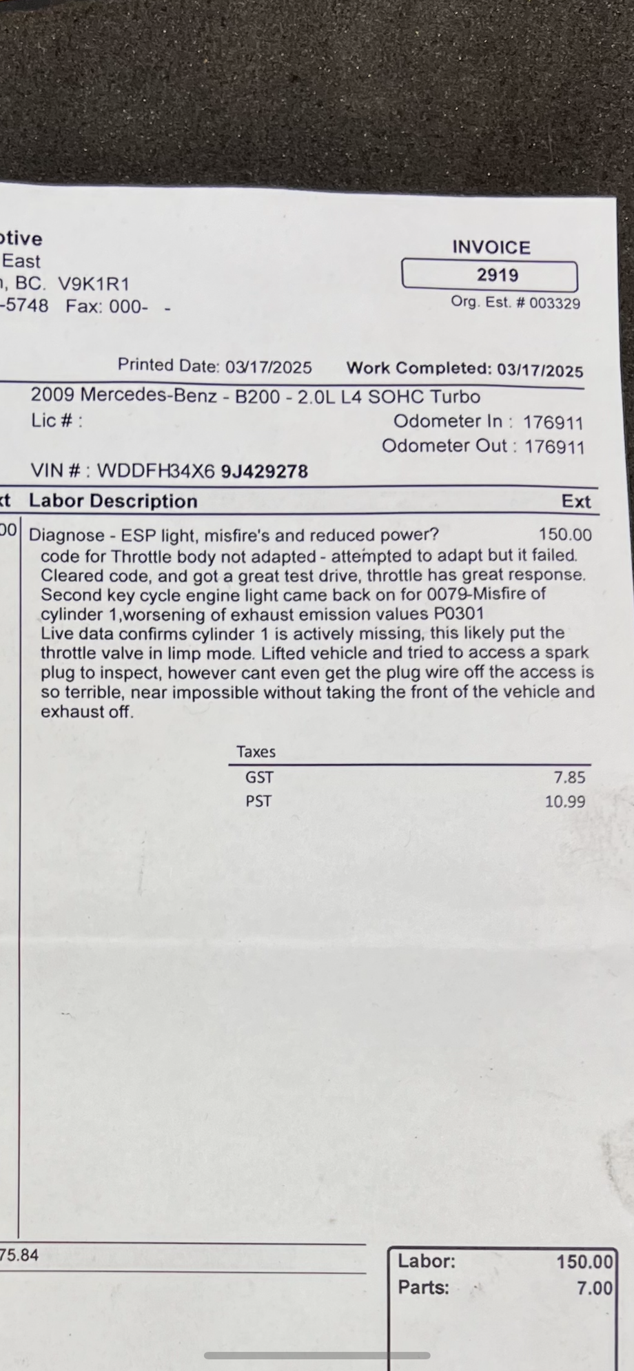 Work order from when the previous owner took it in 