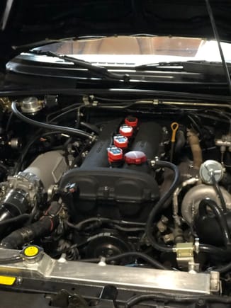 Intake catch can VTA on the firewall, mini catch can on perturbo side mounted to top of radiator