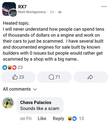 This is them secretly working together to try to remove the other shops as competition. Matt has never had a motor built by shawn and has never sold it to any one on facebook. He has never even posted pictures of an assembled rebuild, let alone one for sale. 