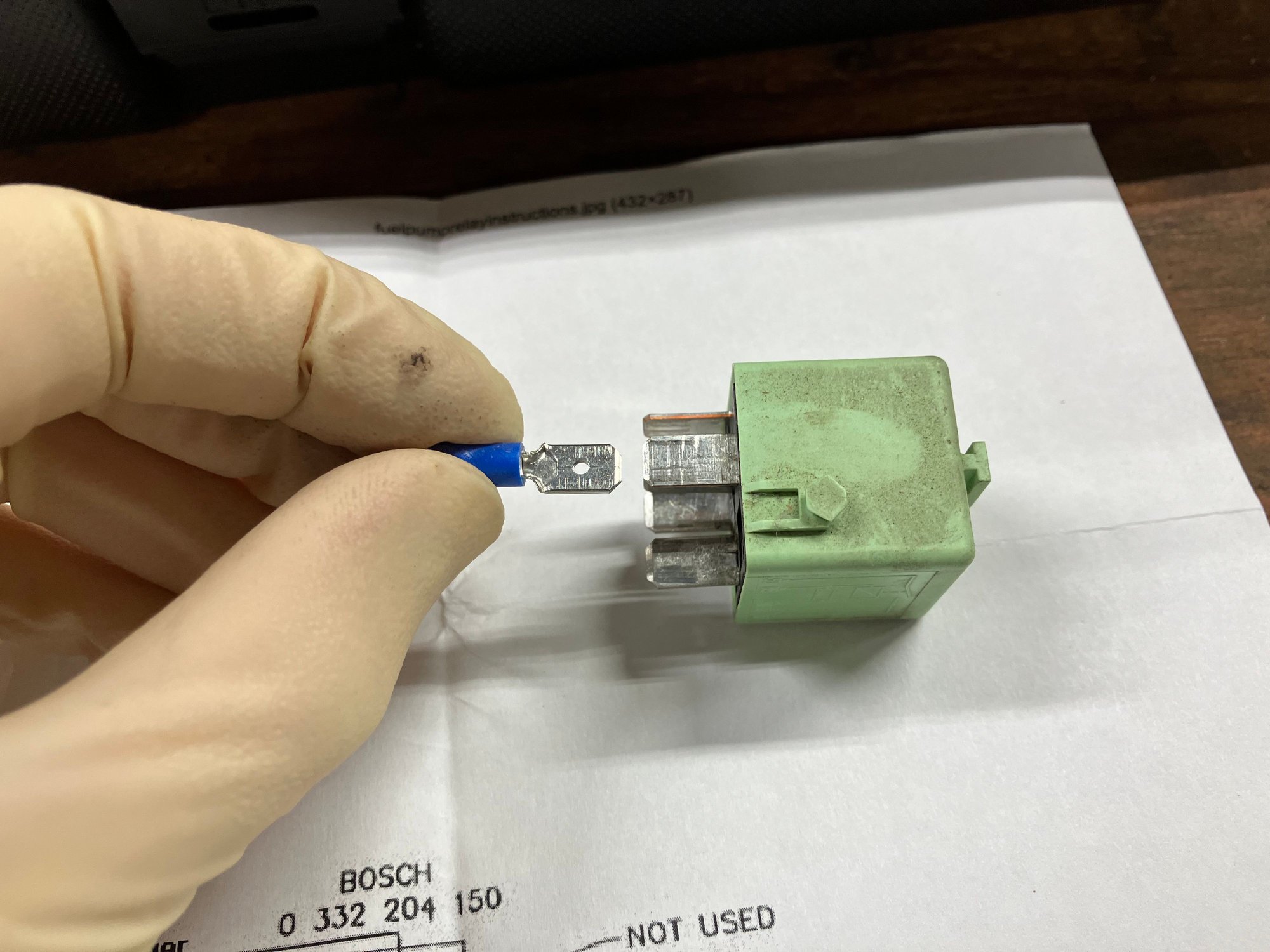 Get a pin connector the same size as the MINI fuel pump relay. And crimp it to the now stripped fuel wire.