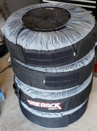 Stored winters in plastic bags, then wrapped in tire bags.