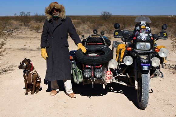 Spirit and I on a cold winter day in Big Bend, Texas. Full time camping for 14 years! 5000+ nights in the tent... 