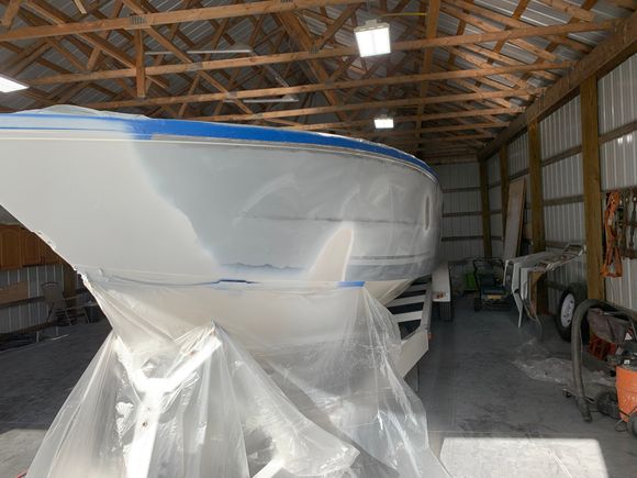 Nose repair complete in gel coat ready for block sanding and side and transom will be in primer in a few days 