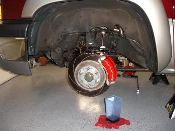 Stainless Steel Brake Co, 3 piston all 4 corners, 14" rotors and Hawk pads.