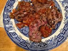 Flank steak, with salsa. 