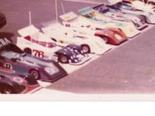 A Concours lineup at Briggs- 1976.  Lola 222, Porsche 917 30KL, McLaren M20, UOP Spyder, VDS were just some of the bodies used.