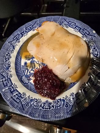 Bread, gravy, stuffing, gravy, turkey, gravy. 