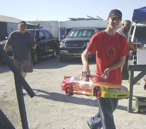 My grandson and me heading for the pits. SunValley Speedway.