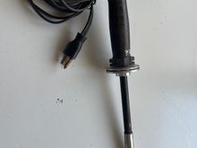 Shop class built soldering iron circa 1963. Solid copper tip, hand wound 75 watt Nichrome heating element, turned Maple handle.   Only the cord has been replaced since 1963.  The new cord was salvaged from a diesel engine block heater about 20 years ago.