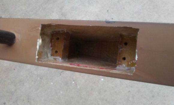 The aft block is up against the vertical spar. I have yet to round a spot into the block for the servo wire.