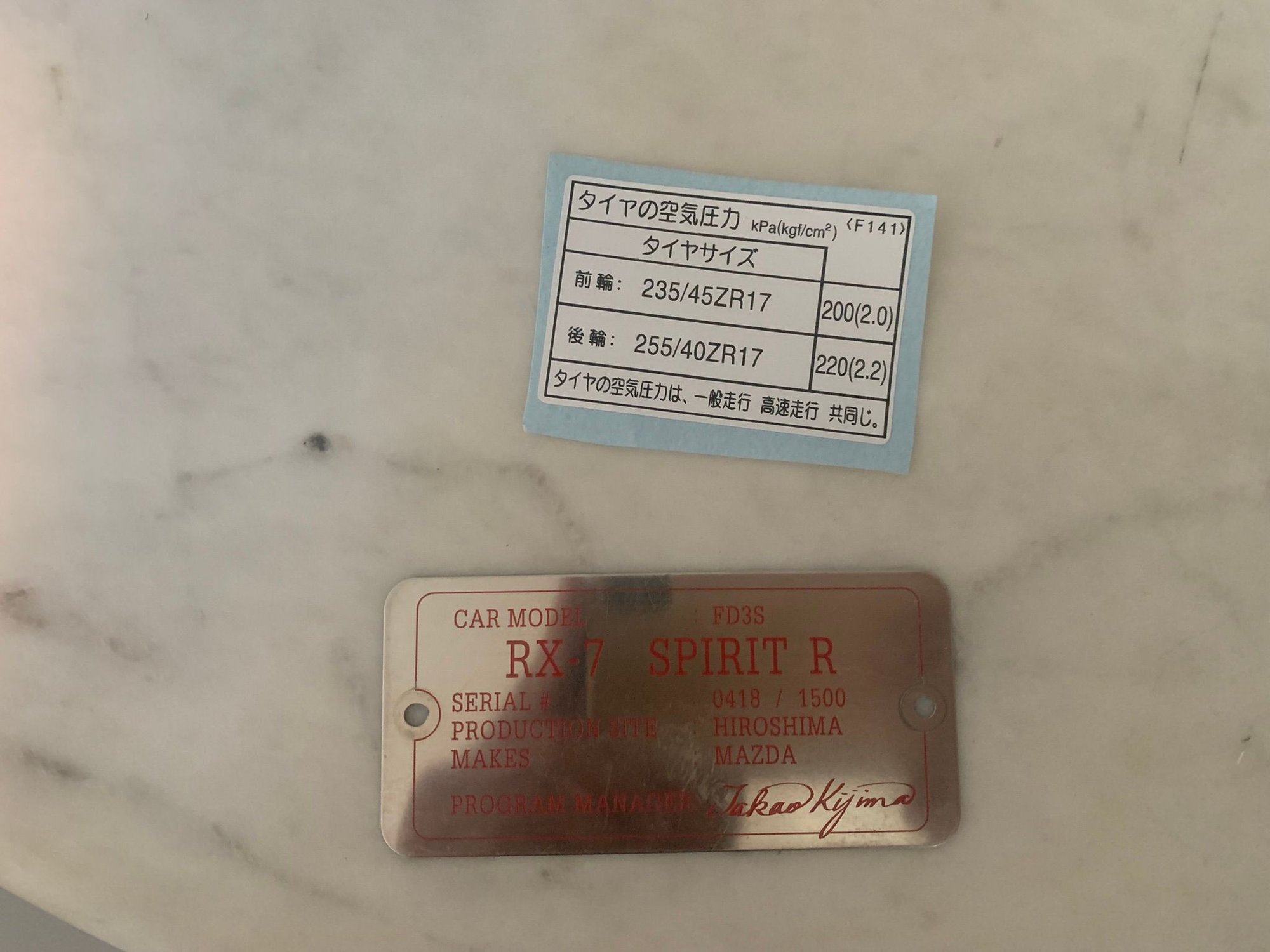 Exterior Body Parts - Genuine Spirit R numbered tag + rivets/Spirit R tire door jamb sticker - Used - 1993 to 2002 Mazda RX-7 - Honolulu, HI 96825, United States