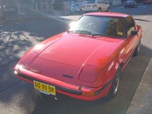 The RX7 warming up before being checked out at the workshop.
