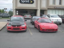 I was inside the starbucks for about half an hour and I came out to see this.  behind the evo there's a 240sx and behind me was a plymouth laser.
