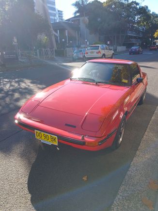 The RX7 warming up before being checked out at the workshop.