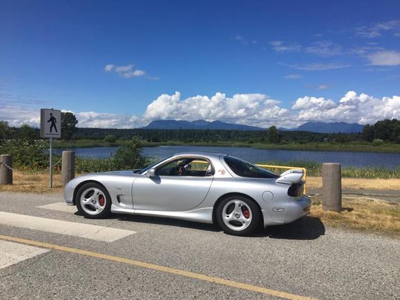 Iona Beach Park, Richmond, B.C., looking North toward Northshore Mountains, Cypress and Grouse, both ski hills in winter and partial host mountains to 2010 Winter Olympics.