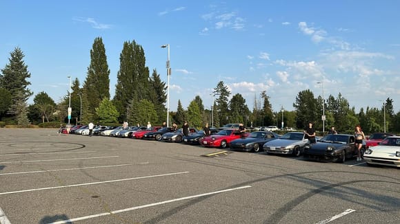 Most years since 2015 we have met at Langley Cineplex as starting point for our Sevens Day cruises. White FB was up from Lynnwood. Brun-out marks are from those V8 guys, I swear. One FD came in from Nelson, B.C., a glorious drive through the Western Rockies!