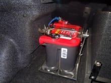 Optima Red Top installed in the trunk with 2 guage wire and Stainless steel battery tray.