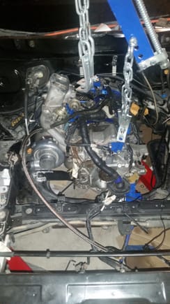 Had to pull the mounts to get the turbo in place.  Currently I need New hardware for the turbo to manifold. Hopefully I can grab it tomorrow on my way to work.