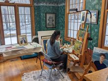 note how she carefully incorporates the knife and palette to mix her oils to achieve the desired color. 