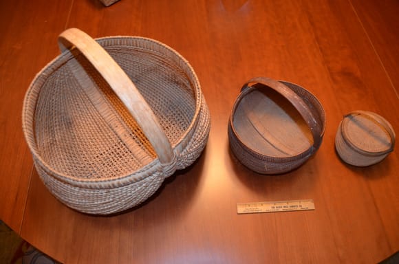 Maybe these three baskets. Oak hand split by two "old maids" in the early 1900's. This was their livelihood. They lived about 5 miles from my dad, and he knew them. Hopeful the provenance will help. :fingerscrossed:
The craftmenship is amazing.
