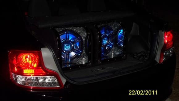 My two 12 inch DUAL Illumination Bandpass Subwoofers powered by a LANZAR VCT2210 2000 Watts 2 Channel High Power MOSFET Amplifier.