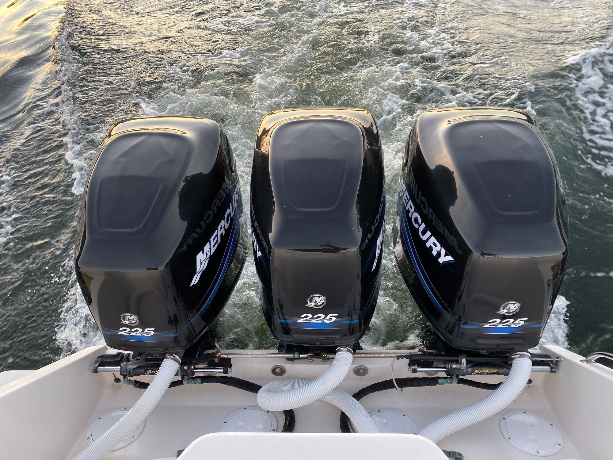 Triple 2005 Mercury OptiMax 225 hp w/props, Rigging, Controls, Gauges