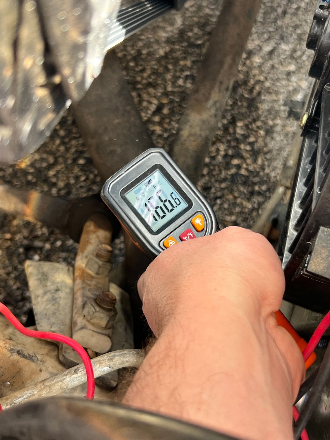 166 at lower radiator hose about half way between radiator and water pump. 