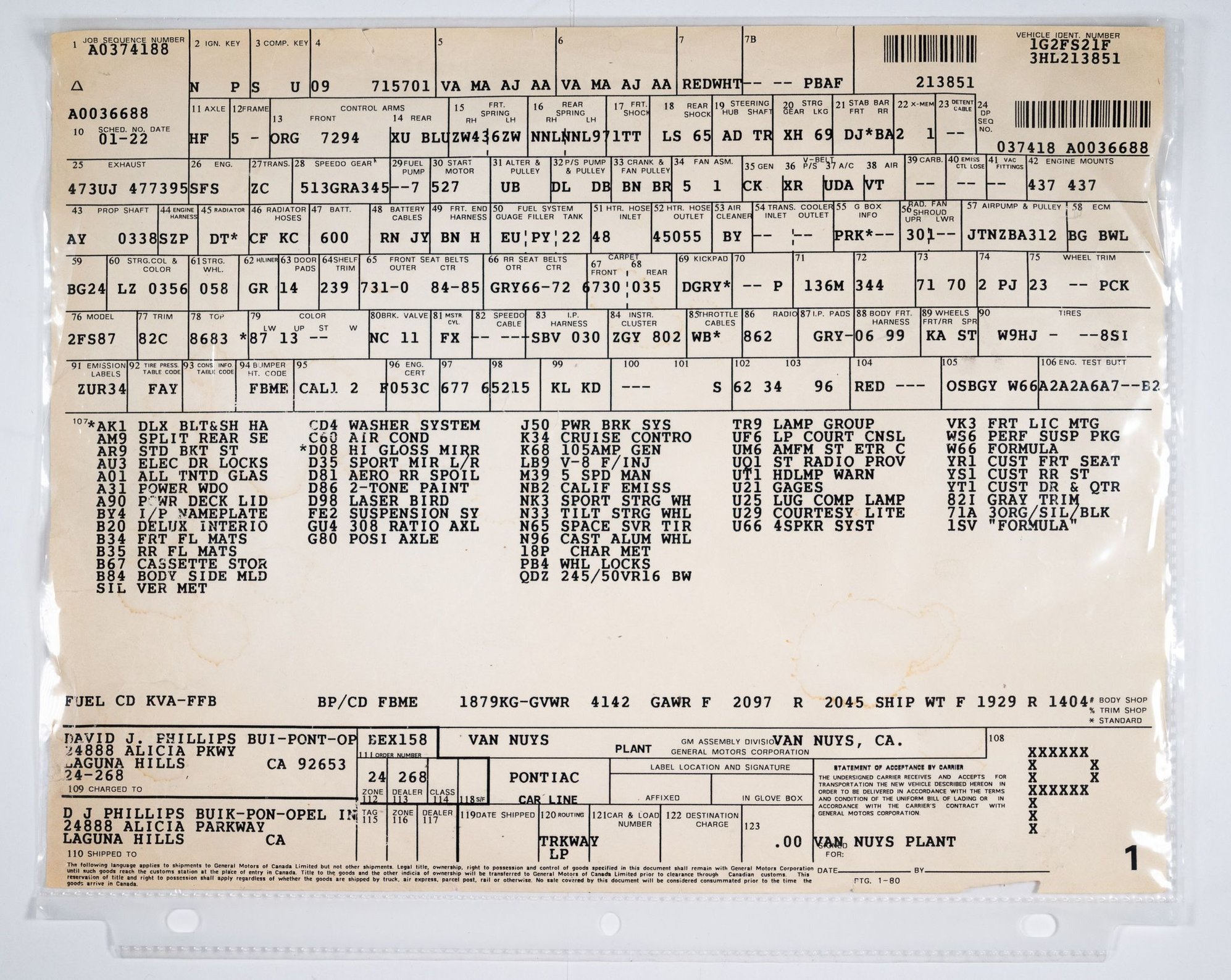 Factory build sheet for the 1987 Formula.
