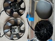 Spal aftermarket 12" fan on top, Volt fan on bottom.