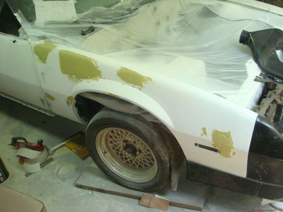 First round of bondo on the fender. This was an nos fender with no antenna hole but it was never primes so it surface rusted and had been dented prior. For the time I have in it would have been easier to use a diff one but keeping orig parts with the car