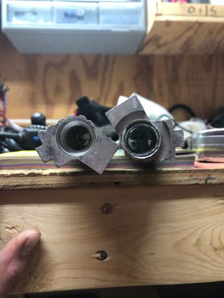 This is what I come up with, cut off the old lines, drilled them out to 9/16 and tapped them 3/8 npt. The one side with the restriction I cut off approximately 1 inch because the factory pressed in fitting or line spun when I was trying to get it out, it ended up workin my favor to clear the tb anyway. Also I drilled and tapped the holes that cross feed each rail 9/16 and 3/8 npt and plunged them.