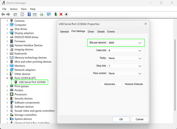 Windows Device Manager.  Bits per second: 4800