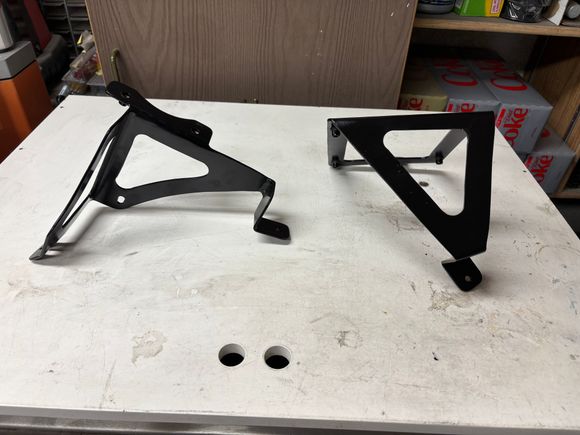 Custom aluminum brackets for PS reservoir and coolant expansion tank.