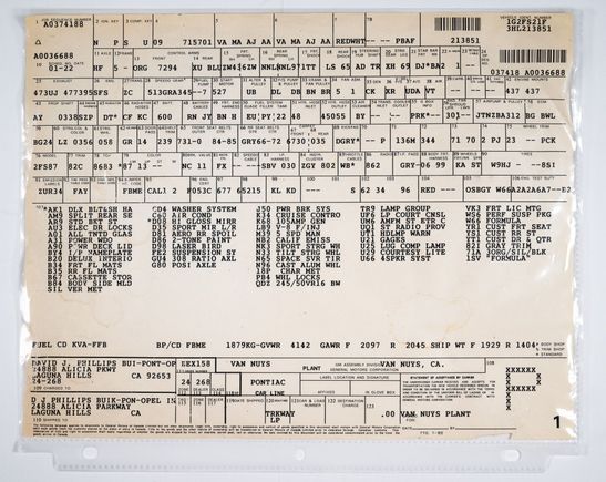 Factory build sheet for the 1987 Formula.