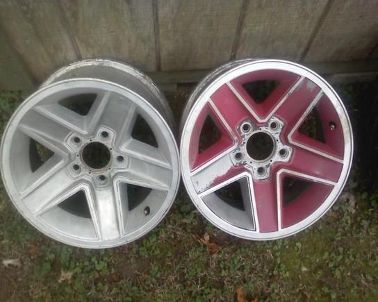 Previous owner tried to paint the rim silver and scraped old paint off and messed up the rim a little but its fixable the other rim he started cleaning and then gave up cause its powder coated and its really hard to get off but i will have them cleaned and chromed at the end