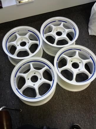 Still waiting to go on....my new wheels for 2012

Advan Racing RG1's 15x7  44

Completely refinished, powder coated and re vinyled. Can't wait for them to go on :)