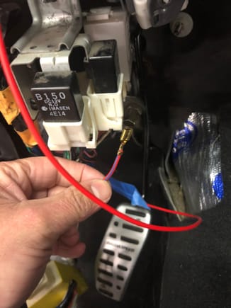 Pulled the red and blue power wire out of the Mazda fuel pump relay to hook to new fuel relay on gm harness