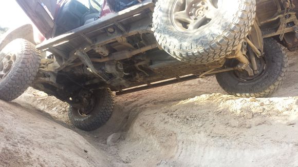 we flopped hit bouced up and stalled , i guess the tire slid into the hole i underestimated !