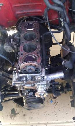 I thought I only needed to replace the head gasket at first, possibly the timing chain.  When I took off the oil pan to get the broken plastic timing guides, I found the trust washers and realized I would need a total rebuild.  Engine in the photo is out of an '83 Toyota Celica with the domed pistons